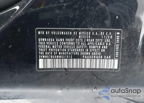 2021 Volkswagen Jetta 1.4T R-Line/1.4T S из США, поврежденный, VIN 3VWN57BU9MM021512